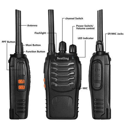 Nestling radio set, walkie talkie 16 channels in both directions, handheld radio with built-in LED flashlight with USB connection and headset (set of 2)