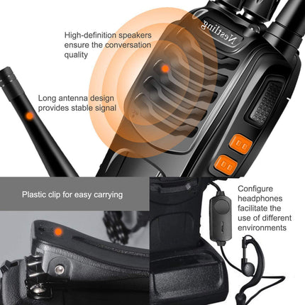 Nestling radio set, walkie talkie 16 channels in both directions, handheld radio with built-in LED flashlight with USB connection and headset (set of 2)
