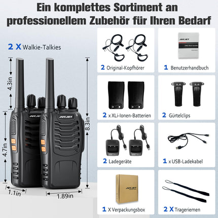 JUCJET 88E Walkie Talkie, License-Free PMR446 16-Channel Two-Way Radio, Handheld Radio with Built-in LED Flashlight, 2-in-1 Type-C Charging Cable with USB Charging Station and Headset (Black, 2 Pack)
