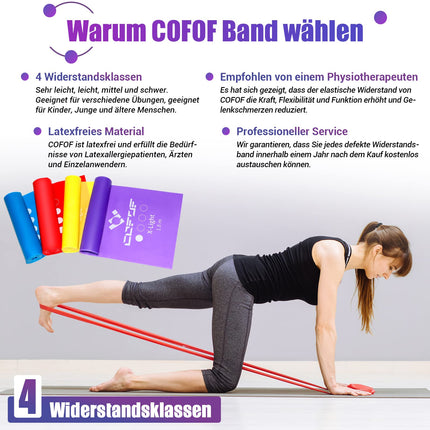 COFOF Fitness Bands Set of 4, 1.8M Exercise Band with 4 Resistance Levels, Fitness Band with Carrying Bag & Exercise Instructions Supplied Ideal for Yoga, Pilates, Strength Training, Physiotherapy
