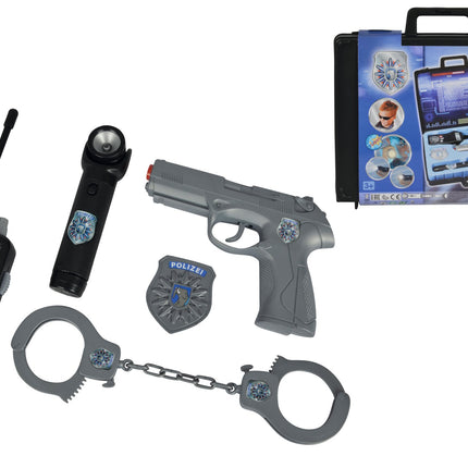 Simba 108108525 - Police Equipment in a Case, Carrying Case with Pistol, Handcuffs, Walkie-Talkie, Badge, Flashlight, 28x25x5cm, from 3 years, Grey