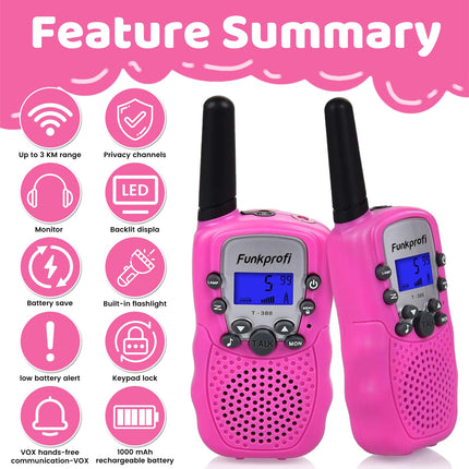 Radio professional walkie talkie set for kids, T-388 radio for children with built-in 1000 mAh rechargeable battery, hobby radio 8-channel PMR 446, range up to 2-3 km (set of 2) pink, pink