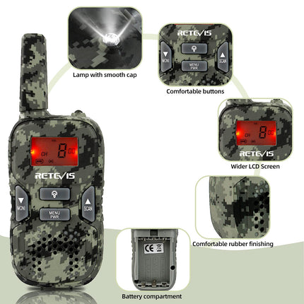 Retevis RT33 Walkie Talkie Kids, Toy Gifts for 6-12 Year Old Children, 8 Channels VOX LED Flashlight, Army Game, Outdoor, Adventure (Camouflage, 2 Pack)