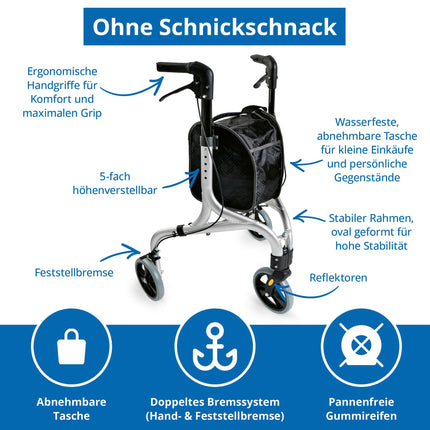 Weinberger aluminum rollator with 3 wheels, foldable, with removable bag, slim, lightweight and maneuverable, stable, only 4.2 kg, color: silver, model: 02217