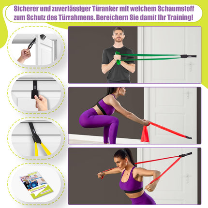 GYMERK fitness bands set of 3, 1.8 m exercise band with 3 resistance levels, fitness band with door anchor, carrying bag and exercise instructions, ideal for yoga, Pilates, strength training and physiotherapy