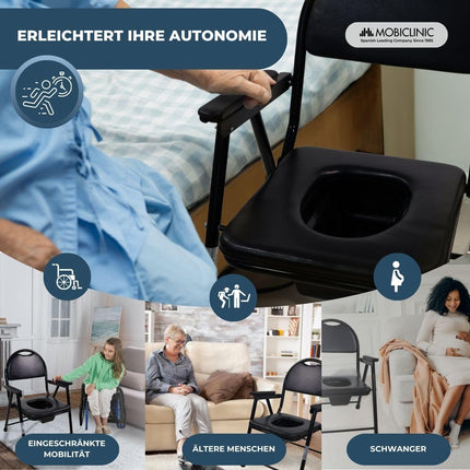 Mobiclinic, Commode Chair, Guadalquivir, European Brand, Toilet Seat for the Elderly and Disabled, Toilet Seat, Non-Slip, Foldable, Chrome-Plated Steel, Lightweight, Black