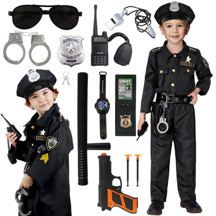 Police costume for children, carnival costumes for children, police uniform set, belt, hat, handcuffs, walkie-talkie for carnival, Halloween costume