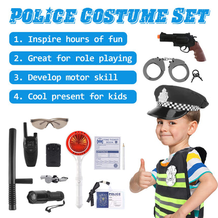 deAO Police Costume Kids Toy with Police Equipment Police Hat Vest Sunglasses Walkie Talkie Police Toy Role Play Set for Halloween