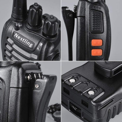 Nestling radio set, walkie talkie 16 channels in both directions, handheld radio with built-in LED flashlight with USB connection and headset (set of 2)