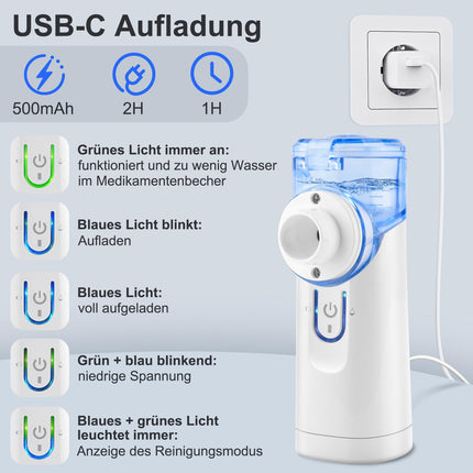 Inhaler, inhalation device portable nebulizer set, low-noise inhaler with mouthpiece, inhaler nebulizer for children and adults, inhaler with mouthpiece, USB-C rechargeable - blue
