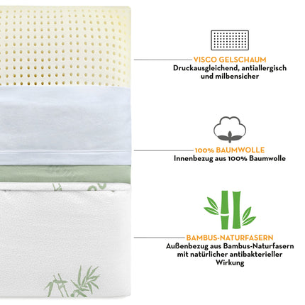 Siebenschläfer Orthopedic Neck Support Pillow - Pillow made of pressure-equalizing visco-gel foam (memory foam) with bamboo cover - Pillow in 72x42cm - Height 15cm