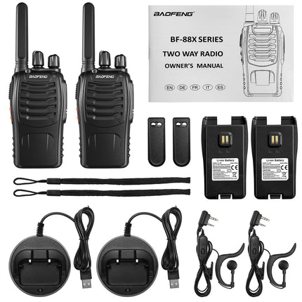 Baofeng Walkie Talkies PMR446 Two-Way Radio Professional Long Range 16 Channels VOX Rechargeable Walkie Talkie BF-88X, Including Earpiece, Battery and Charger (2 Pack)