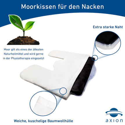 Moor pillow with cover · Neck pillow microwave with natural moor filling & cotton cover · specially shaped for neck & shoulder · pleasant warmth with moor pillow | distributed by axion