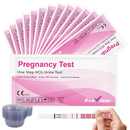 Preview 25 Pregnancy Test Early Test Strips 10 mIU/ml hCG Test reliable early detection with 25 urine cups
