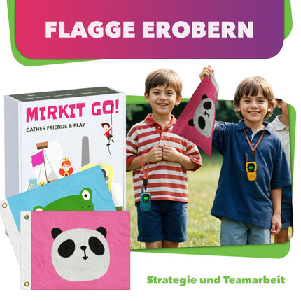 Mirkit Go 2 x Kids Walkie Talkies & 4 Games: Scavenger Hunt, Capture the Flag, Police, Hide and Seek! Outdoor Games for Kids + Free Handcuffs