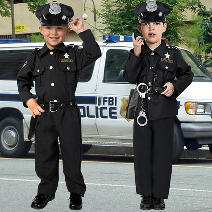 Police costume for children, carnival costumes for children, police uniform set, belt, hat, handcuffs, walkie-talkie for carnival, Halloween costume