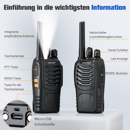 JUCJET 88E Walkie Talkie, License-Free PMR446 16-Channel Two-Way Radio, Handheld Radio with Built-in LED Flashlight, 2-in-1 Type-C Charging Cable with USB Charging Station and Headset (Black, 2 Pack)
