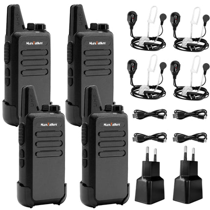 MaxTalker MT1 Walkie Talkie Rechargeable for Adults and Children, VOX Walkie Talkie with 1200mAh Li-ion Battery, USB Charger and Headset Walkie Talkies for Outdoors, Camping, Hiking, Set of 4
