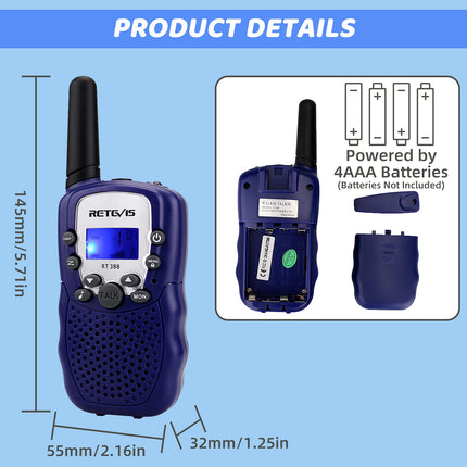 Retevis RT388 Walkie Talkie for Kids, Two-Way Radios with Long-Range Flashlight, Toys for Ages 4-12, Gifts for Boys and Girls for Family Play, Cycling, and Excursions (1 Pair, Dark Blue)