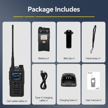 Retevis C62 Walkie Talkie Dual Band, Professional Ham Radio with LCD Screen, High-Performance Long-Range Two-Way Radio, 2000mAh, for Hiking/Hunting/Camping (Black, 1 Pack)