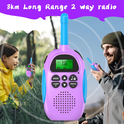 Ushining Walkie Talkie for Kids, Rechargeable Walkie Talkie with 16 Channels VOX Radio, Backlit LCD Flashlight, 3 KM Range for Outdoor Adventures, Camping, Hiking, Purple