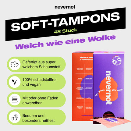 nevernot Soft Tampons, 48 Count: Menstrual Sponge with Optional Thread, 100% Non-Toxic, Super Soft Tampon, Easy to Remove, Ideal for Sports, Sauna & Pain Patients