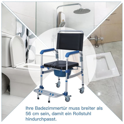Bimiti toilet chair with castors up to 150 kg shower wheelchair Waterproof toilet chair mobile nursing chair for seniors, sick, disabled and pregnant women
