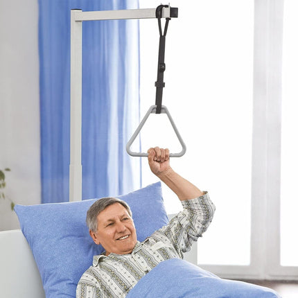 Stock-Expert Mobile Freestanding Bed Gallows With Triangle Handle Standing Aid Bed Riser Standing Aid Made Of Painted Steel 3-Part Plug-In System Load Capacity Up To 100kg