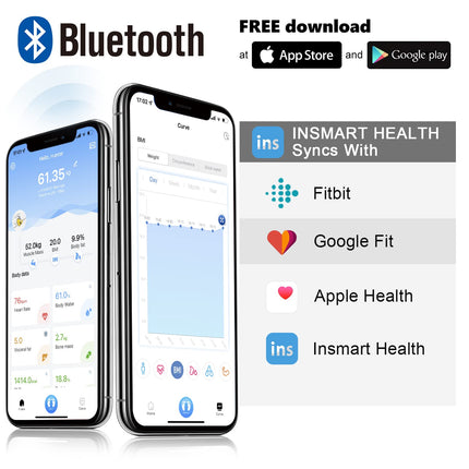 INSMART digital personal scales, personal scales with Bluetooth, body fat scales for BMI, weight, body fat, heart rate, muscle mass, water, protein, skeletal muscle, bone weight, BMR, etc.