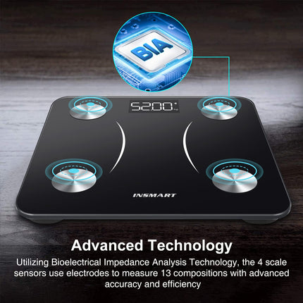 INSMART digital personal scales, personal scales with Bluetooth, body fat scales for BMI, weight, body fat, heart rate, muscle mass, water, protein, skeletal muscle, bone weight, BMR, etc.