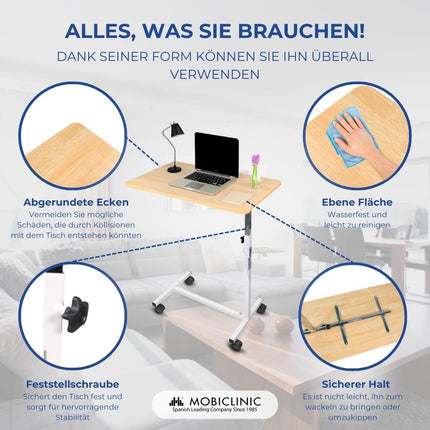 Mobiclinic, Bed or sofa side table for adults and disabled people, With wheels, Lightweight, Portable, Height-adjustable, Adjustable, Coffee table