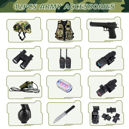 KalaDuck Military Costume Kids, 12 Pieces Military Equipment Toy with Airsoft Tactical Helmet, Military Vest, Walkie-Talkie, Role Play Halloween Army Soldier Camouflage Suit for Boys Girls