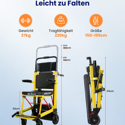 VOCIC AY04 Electric Stair Climber Wheelchair Foldable up to 220KG with Rubber Track, Electric Stair Assistance Wheelchairs, Stair Lift Medical Stretcher with LED Light for Seniors, Yellow