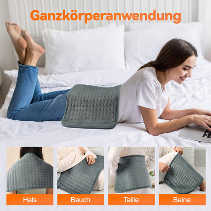 Heating pad with automatic shut-off, 30x60 cm electric heating pad with 4-hour timer and 6 heat settings, heating pad with digital remote control, machine washable heating pad for the back, gray