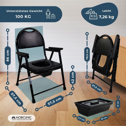Mobiclinic, Commode Chair, Guadalquivir, European Brand, Toilet Seat for the Elderly and Disabled, Toilet Seat, Non-Slip, Foldable, Chrome-Plated Steel, Lightweight, Black