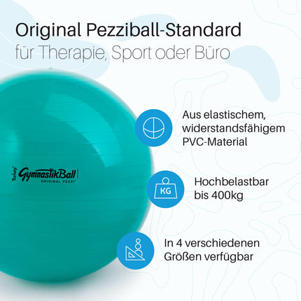 PEZZI - Gymnastic Ball Original Pezziball Standard 65cm Ø – Seat ball for therapy, sports & office – Universal training ball made of robust PVC, load capacity up to 400 kg – Green