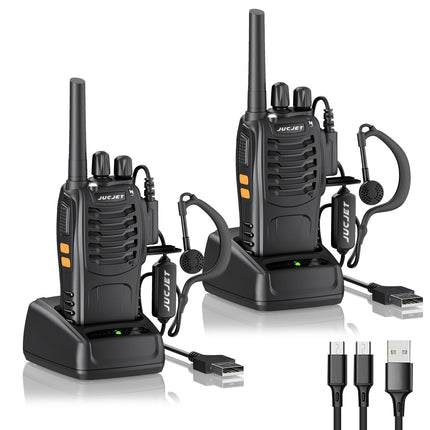 JUCJET 88E Walkie Talkie, License-Free PMR446 16-Channel Two-Way Radio, Handheld Radio with Built-in LED Flashlight, 2-in-1 Type-C Charging Cable with USB Charging Station and Headset (Black, 2 Pack)