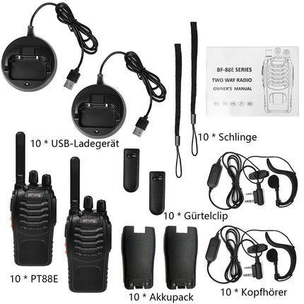 Walkie Talkie PMR446 License-Free Two-Way Radio, Pofung PT88E 16 Channels Professional Rechargeable Long-Range Walkie Talkies with USB Charging Station and Earpieces Black 10 Pack