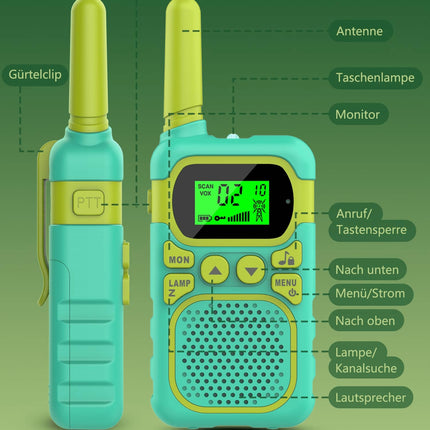 Walkie Talkie for Kids - Maximum range of 3 km. Christmas and birthday gifts for boys and girls aged 3, 4, 5, 6, 7, 8. Family games for indoors and outdoors. (Green)