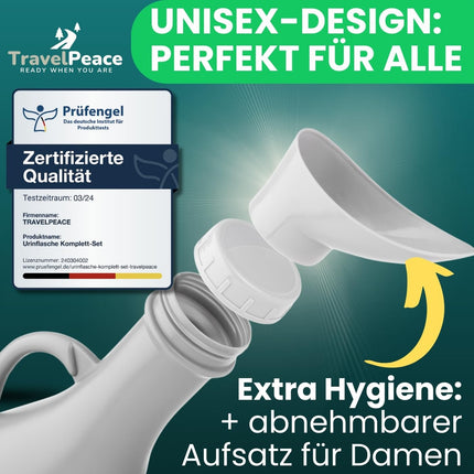 TRAVELPEACE® - Urinal Bottle - 3-in-1 Complete Set - with Comfort Hygiene Brush - incl. Privacy Bag - Urinal for Women and Men