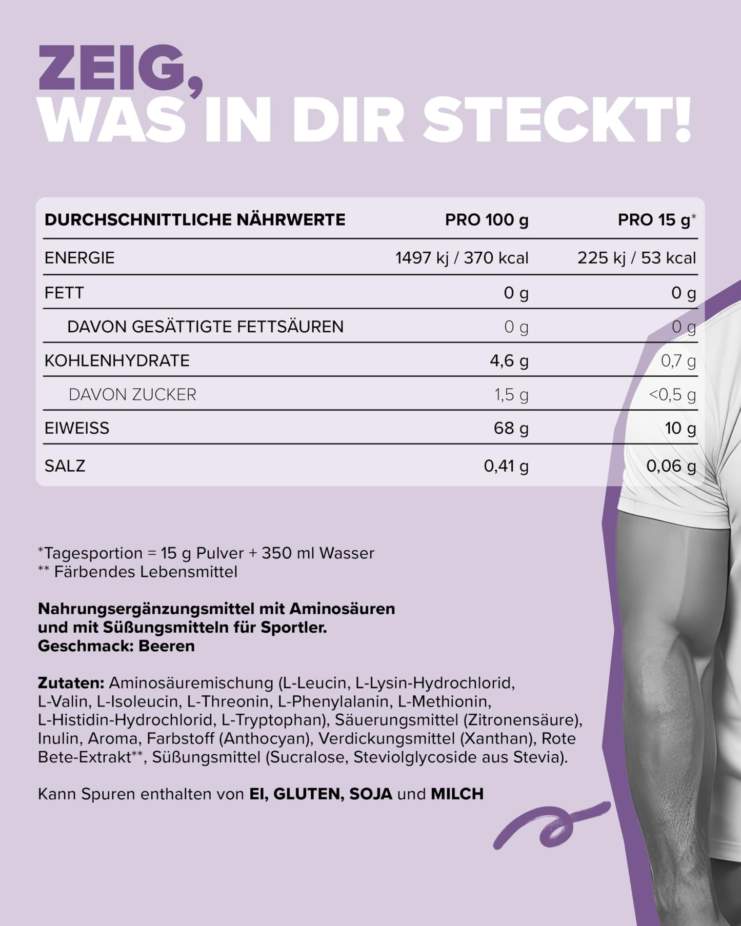 100% EAAs Zero Wildberry 500g - EAAs Pulver hochdosiert, Vegan und zuckerfrei, 8 essentielle Aminosäuren zur Ergänzung deiner Sporternährung