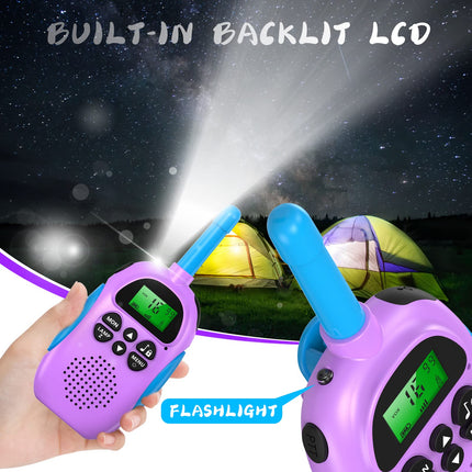 Ushining Walkie Talkie for Kids, Rechargeable Walkie Talkie with 16 Channels VOX Radio, Backlit LCD Flashlight, 3 KM Range for Outdoor Adventures, Camping, Hiking, Purple
