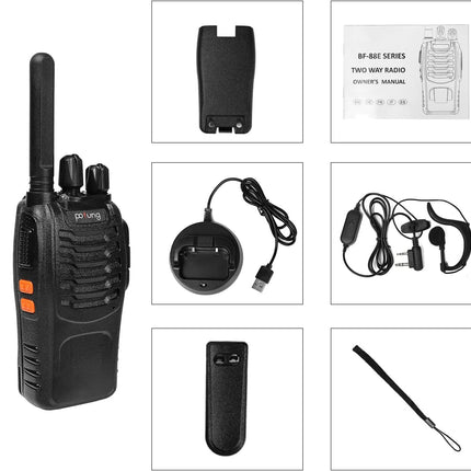 Pofung PT88E Walkie Talkie PMR446 License-Free Two-Way Radio, 16-Channel Long Range Walkie Talkies with Charging Cradle and Earpieces (Black, 3-Pack)