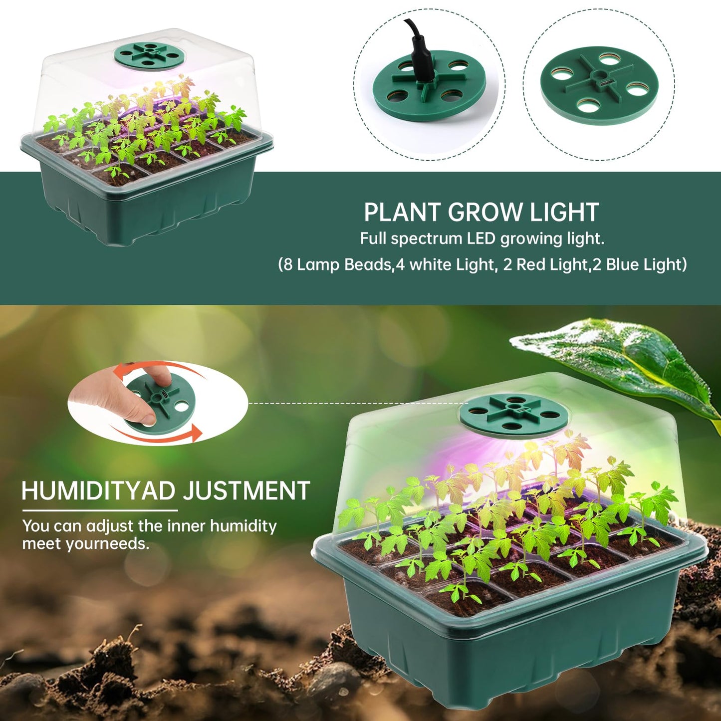 5 Stück Mini Gewächshaus mit erhöhten Deckel, Setzling Starter mit Pflanzenlichter, Gewächshaus Klein Grow Zubehör, Tabletts Treibhaus Anzuchtschale Zimmergewächshaus Anzuchtkasten Set (Green-A)
