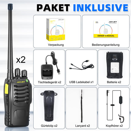 JUCJET (2-pack) 888HD Walkie Talkies, including original earpieces, Type-C data cable, USB charging station, with one-click pairing, speech noise reduction, and digital encryption