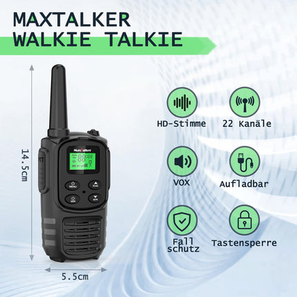 MaxTalker MT10 Walkie Talkie Rechargeable for Adults and Children, 1200mAh Li-Ion Battery, USB-C Cable, LED Flashlight, VOX Radios for Hiking and Camping, Set of 4