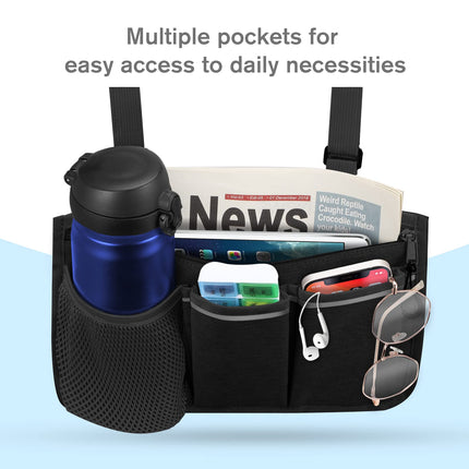 FINPAC Wheelchair Bag for Armrest - Wheelchair Bag with Reflective Stripes Wheelchair Bag with Name Card Pocket for Walkers, Mobility Scooters, Rollators, (Black)