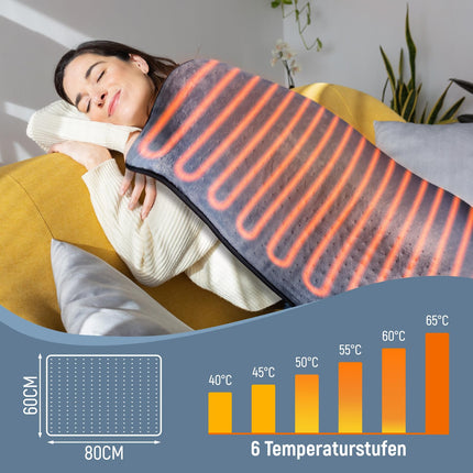 Heating pad, 80 x 60 cm fast heating technology, electric heating pad with automatic shut-off and 6 temperature levels, heating pad for back, shoulder, stomach, neck, machine washable