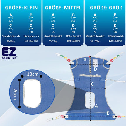 EZ Assistive Hoyer Sling for Toileting, Patient Lifting Slings for Transferring Elderly, Bariatric, and Disabled People, 500 lbs Capacity (Blue, Large Size)