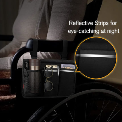 FINPAC Wheelchair Bag for Armrest - Wheelchair Bag with Reflective Stripes Wheelchair Bag with Name Card Pocket for Walkers, Mobility Scooters, Rollators, (Black)